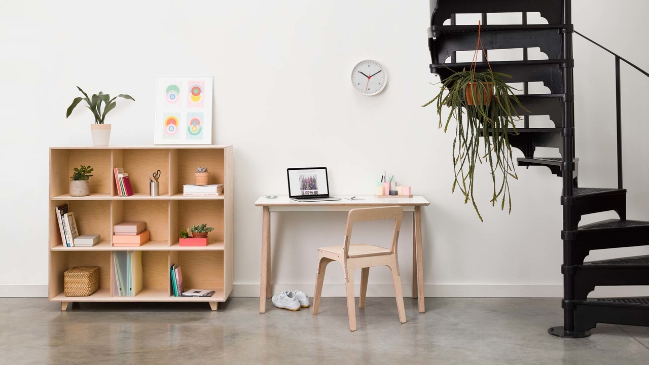 Slim chair with Olivia Desk and Fin Bookshelf