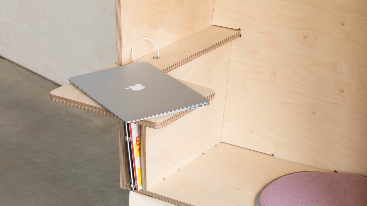 Detail of Wiki Booth micro desk, storage area and cable management